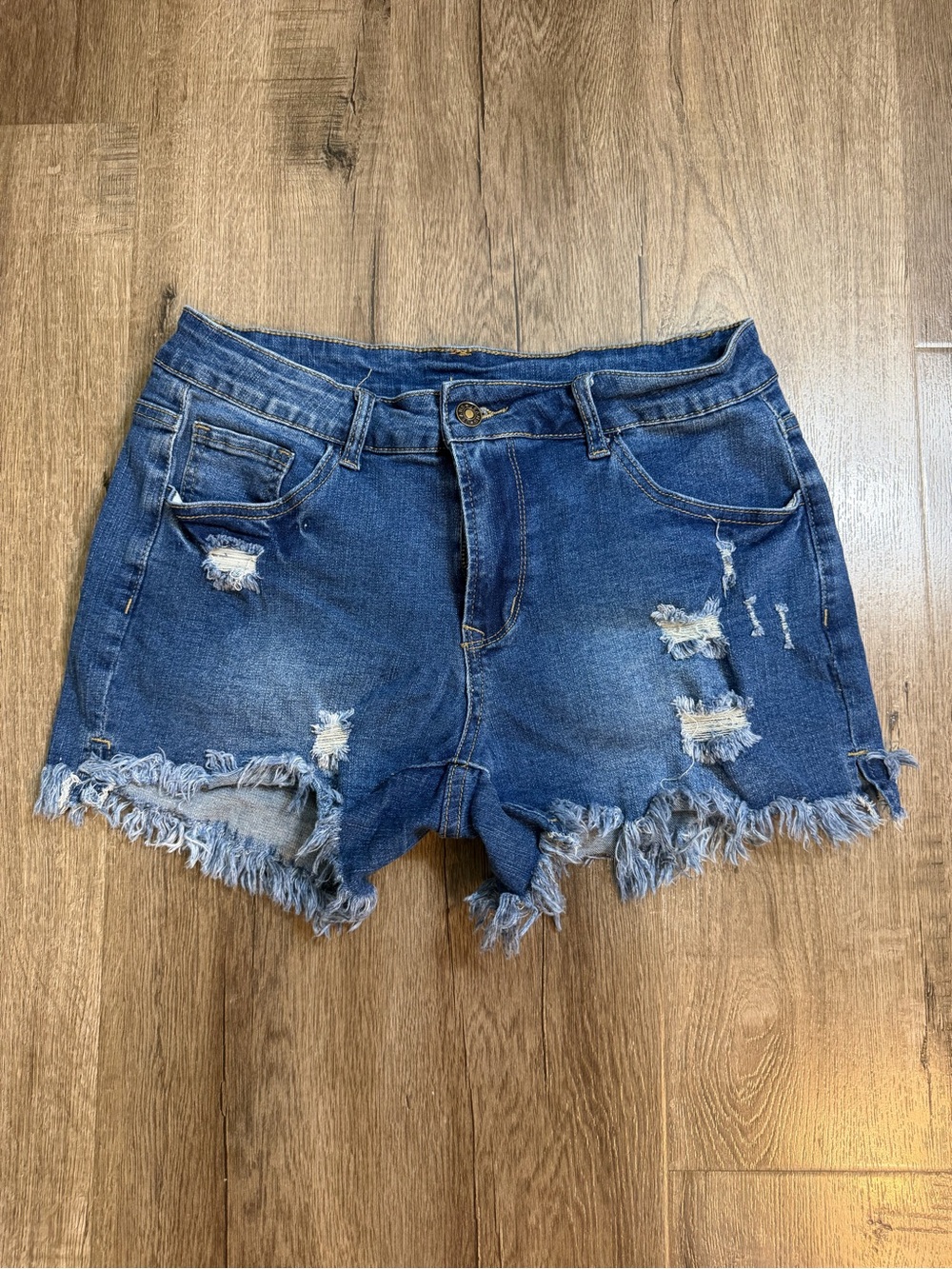 Denim Distressed Frayed Hem Women's Shorts - Blue